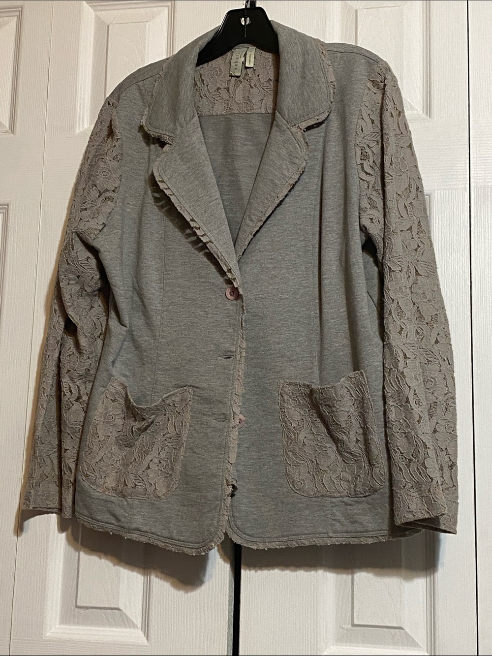 Sahalie Gray Lace boho cotton blend blazer coat top size LARGE